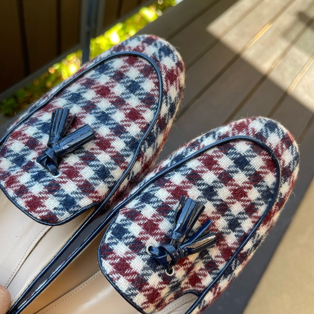 J. CREW Charlie Tassel Loafers Burgandy, White & Navy Blue Tweed Houndstooth 🎉 - Picture 10 of 15